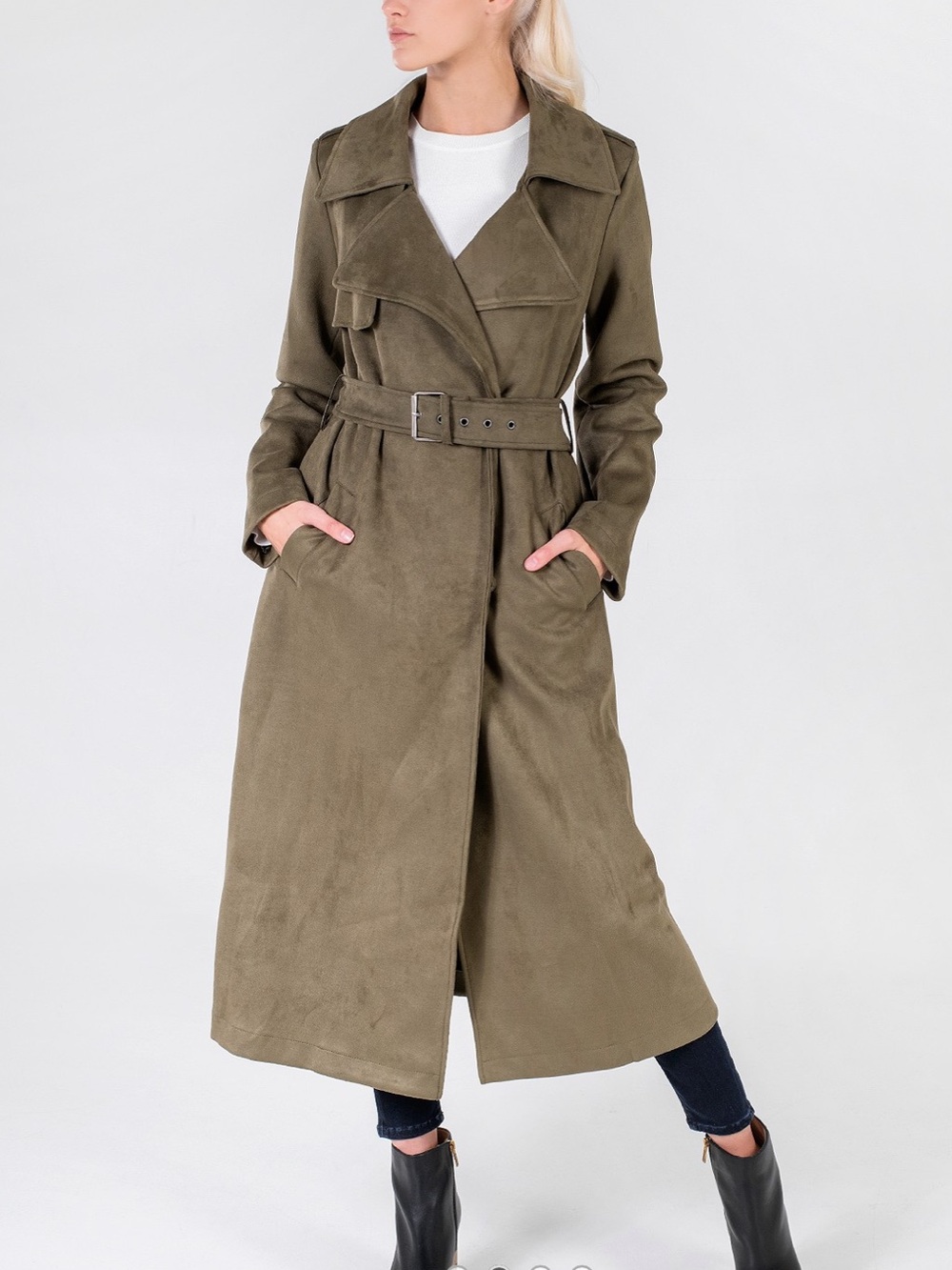 Guess Olive Green Belted Long Trench Coat